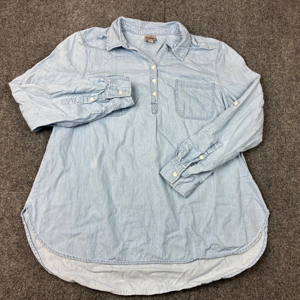 Como Vintage Womens Size XL Light Wash Chambray Denim Henley Shirt Long Sleeve